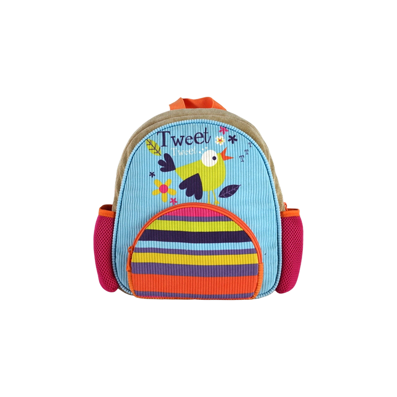 Floral & Bird Striped Print Kids Backpack (Corduroy)