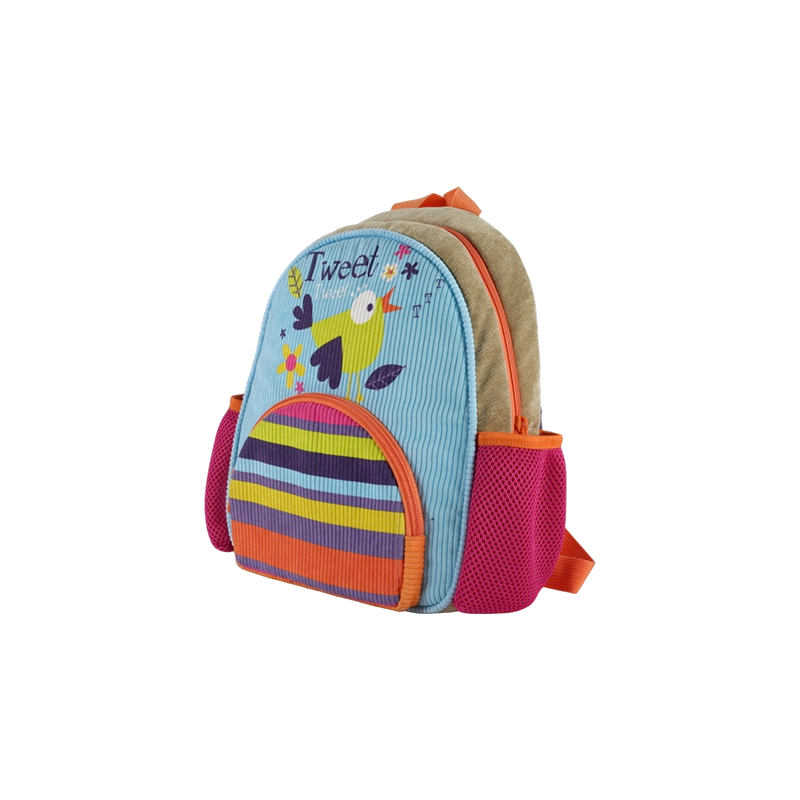 Floral & Bird Striped Print Kids Backpack (Corduroy)